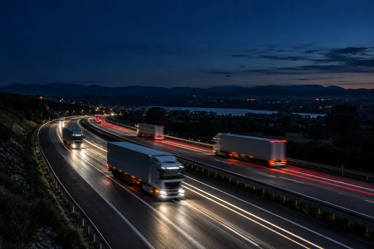 Estelas de luces de camiones en una autopista de noche.